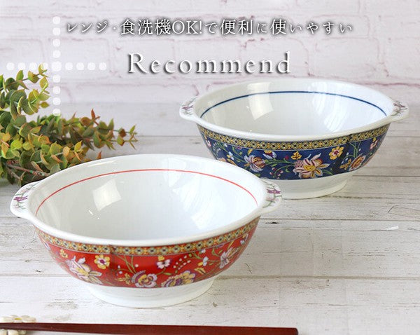 日本製 中國風花卉把手拉麵碗兩入組 紅色 藍色 1000ml|美濃燒 湯碗 麵碗 碗公 丼飯碗