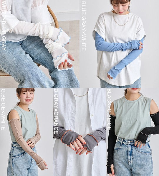 日本 StyleOn 接觸冷感抗UV 防曬袖套60cm 羅紋荷葉邊|工作袖套 涼感袖套 冰絲袖套 機車袖套