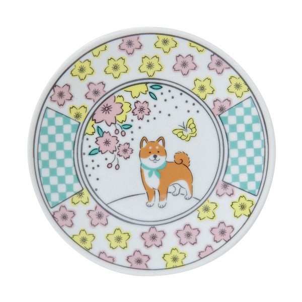 日本製 美濃燒 柴犬和風花紋小碟10cm|醬料碟 點心碟 小菜碟 醬油碟