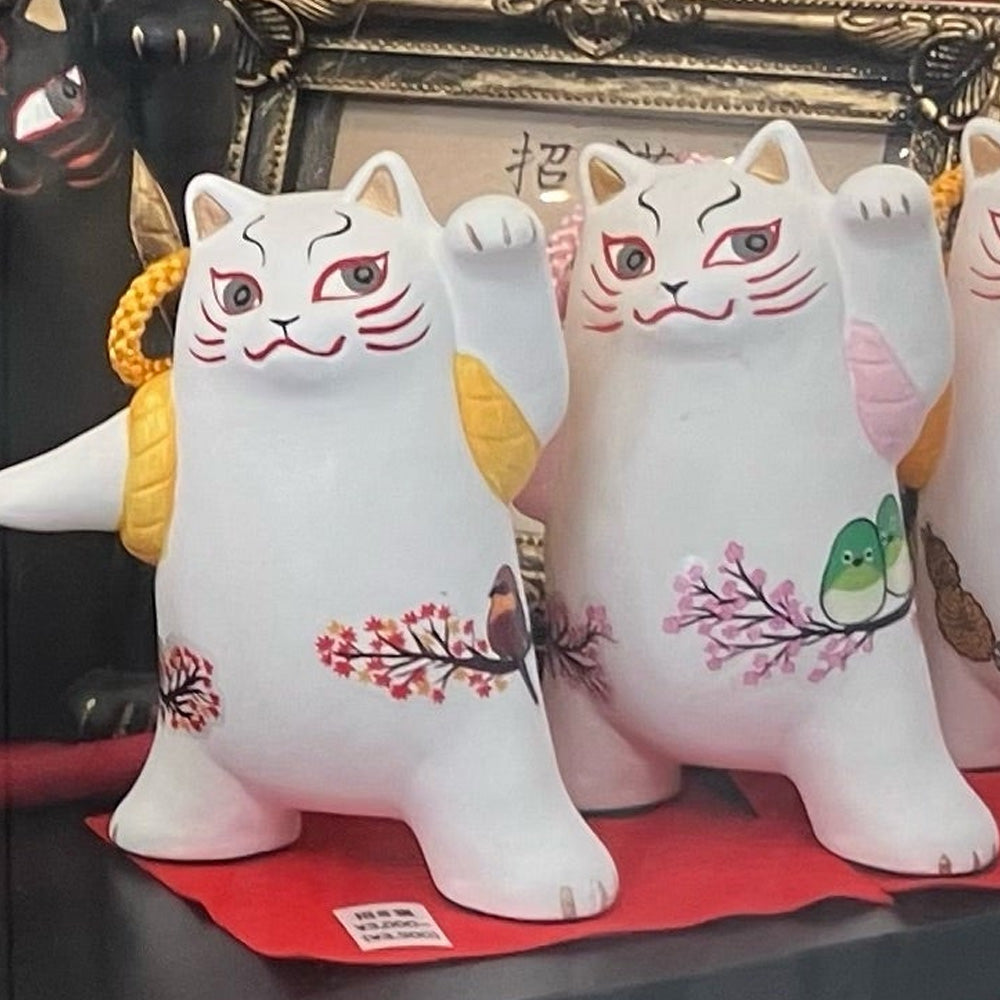 日本製 瀨戶燒 歌舞伎招財貓︱四季花鳥 x 白貓 陶瓷擺飾 收藏 禮盒