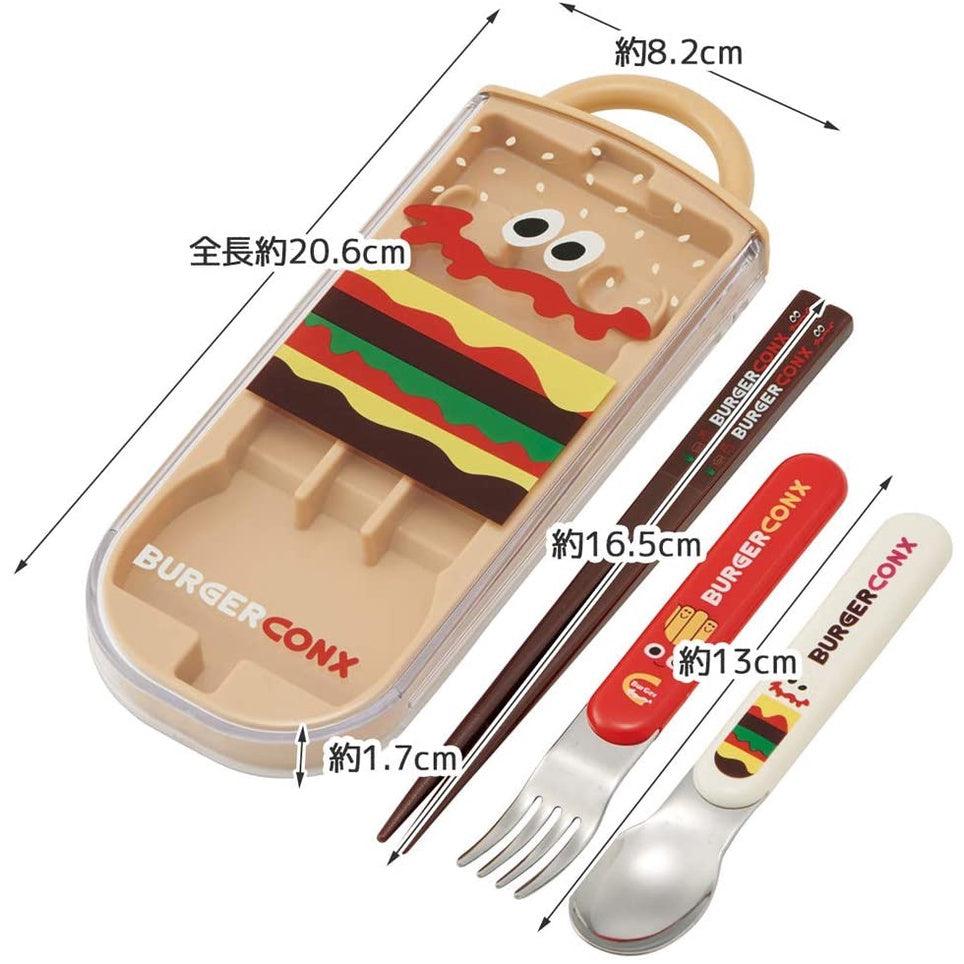 日本製 BURGER CONX 漢堡餐具-三件組|遠足餐具盒 抗菌 筷子 叉子 湯匙 手拉式 - 富士通販