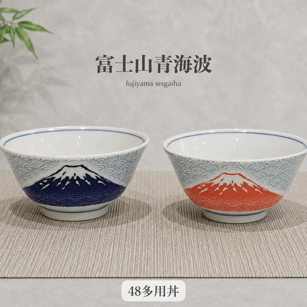 日本製 手繪和風質感 富士山青海波湯碗15cm 紅色/藍色|陶瓷碗 丼飯碗 拉麵碗 碗公