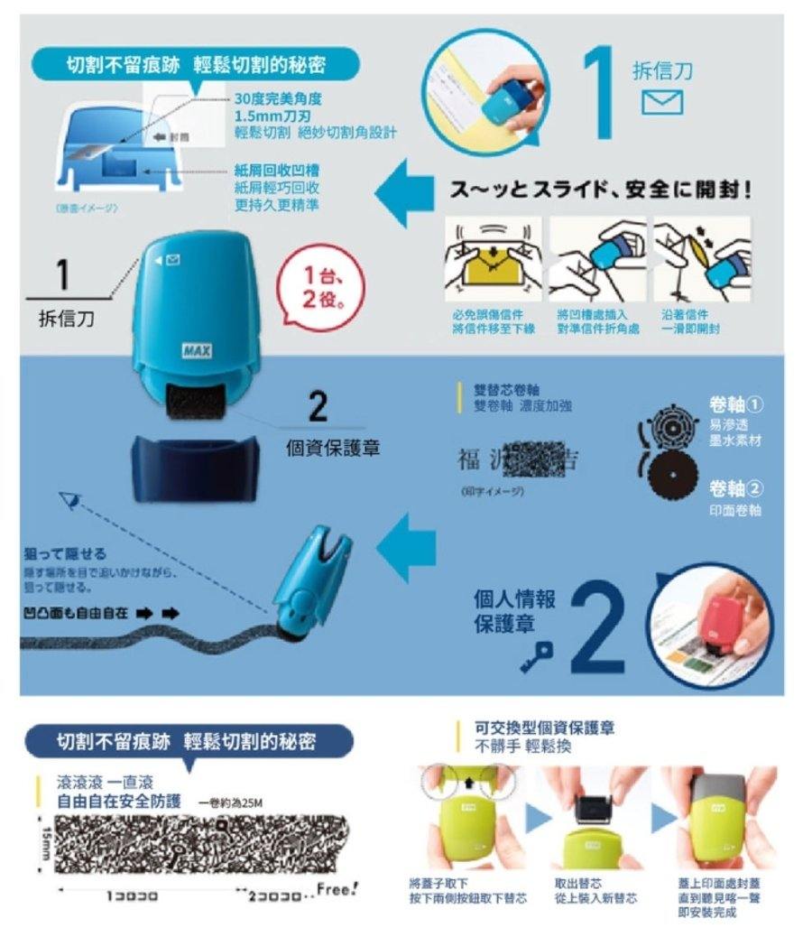 日本MAX個人資料保護章兼差信刀|藍色款保護個資 補充帶 - 富士通販