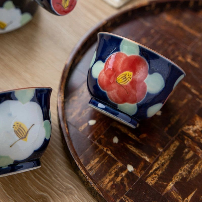 日本製 有田燒 手繪釉彩紅色椿花茶具3入組 側把茶壺 茶杯|泡茶壺 陶瓷茶杯 入厝禮盒