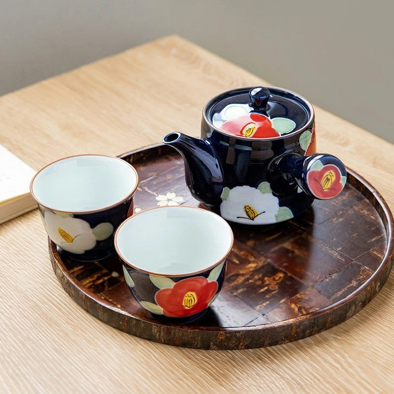 日本製 有田燒 手繪釉彩紅色椿花茶具3入組 側把茶壺 茶杯|泡茶壺 陶瓷茶杯 入厝禮盒