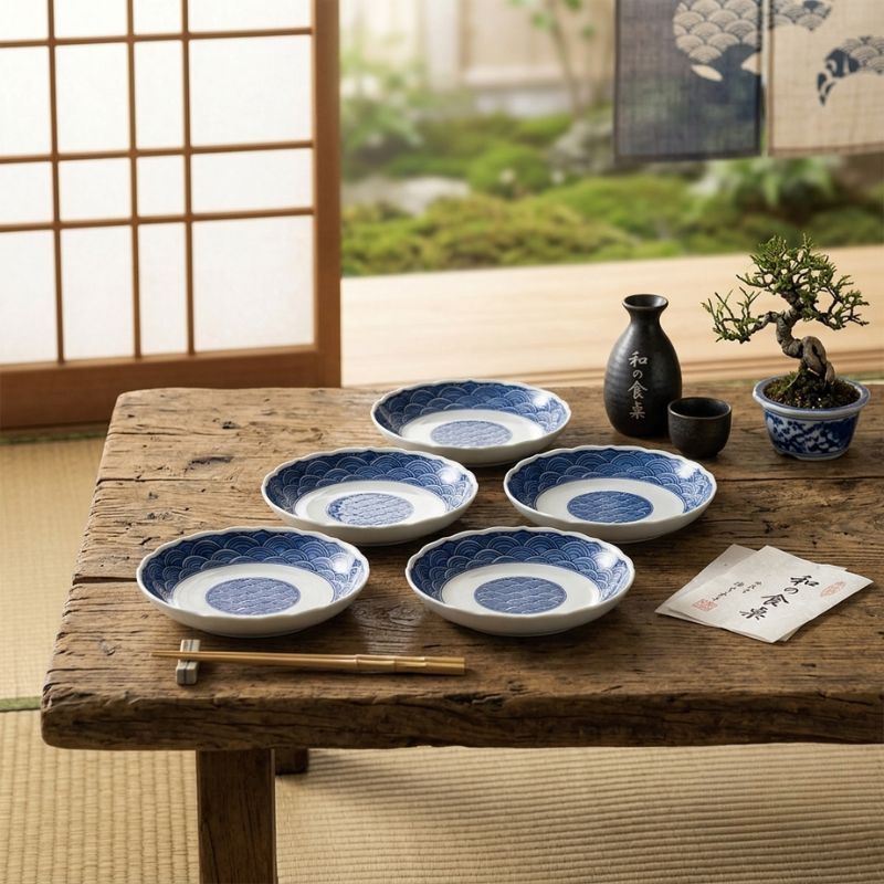 日本製 波佐見燒 日式和風青海波餐盤五入組|16cm 餐盤組 入厝賀禮