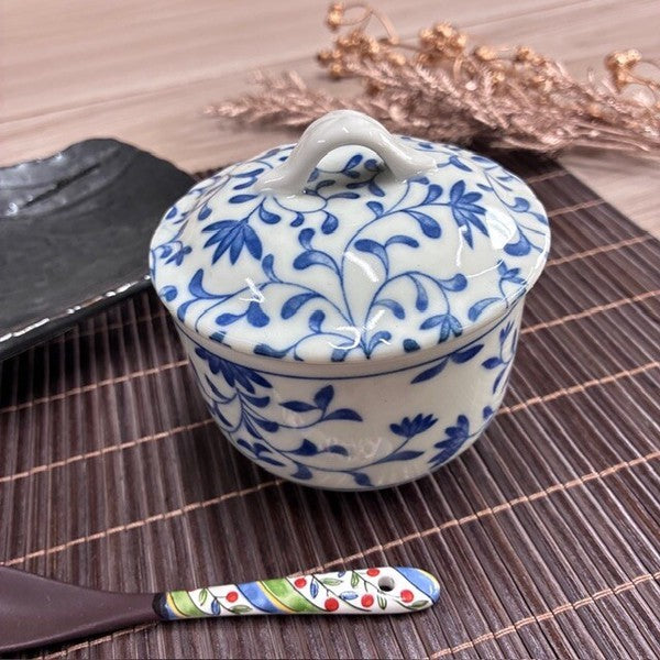 日本製 美濃燒 青花唐草紋 附蓋 茶碗蒸杯|日常餐桌陶瓷蒸碗 茶碗蒸杯 附蓋餐碗 蒸蛋碗 陶瓷碗