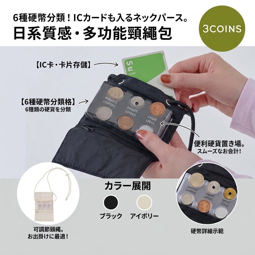 3COINS 日幣專用旅行錢包 收納袋 | 硬幣 零錢分類 隨身錢包 可放卡片 附拉鍊 掛繩 旅遊小物