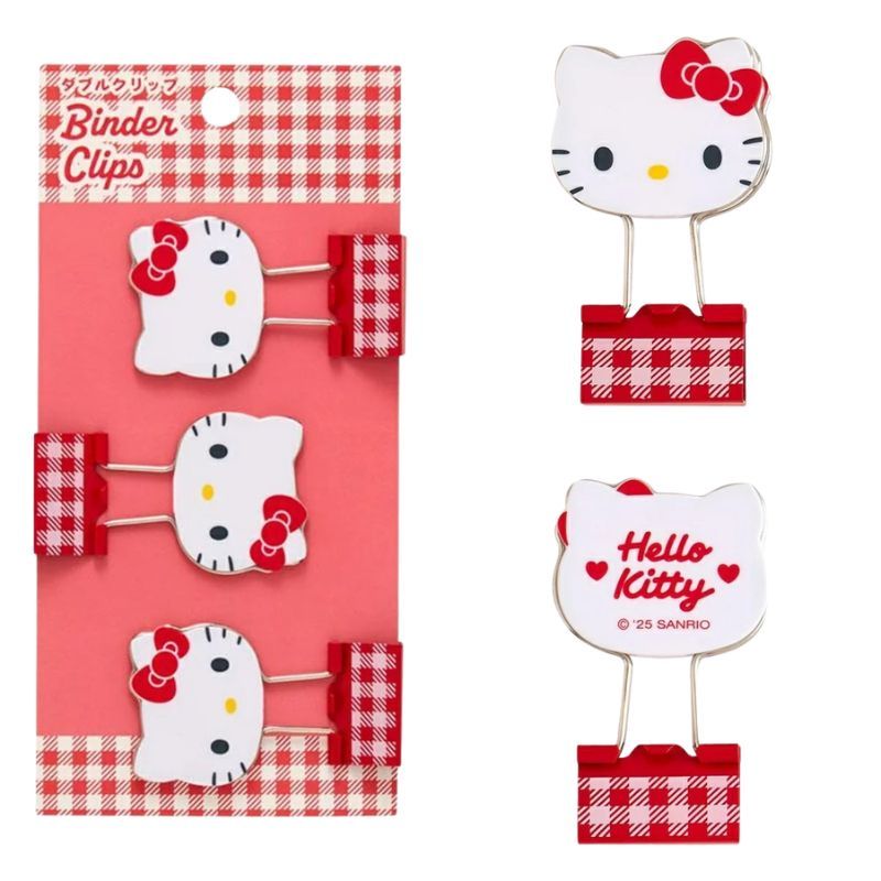 日本 Sanrio 三麗鷗格紋造型長尾夾 3入組|文件夾 手帳夾 燕尾夾