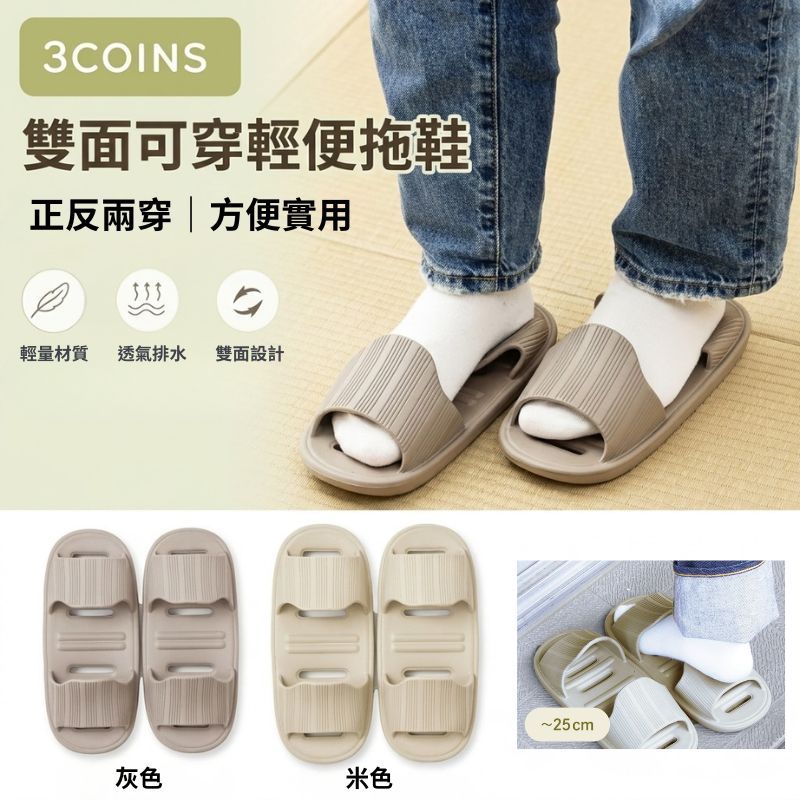 日本 3COINS 雙面可穿拖懶人拖鞋 灰色 米色 25cm|室內拖鞋 浴室拖