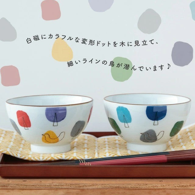 日本製 BISQUE 波佐見燒 彩色森林小鳥圖案夫妻飯碗|陶瓷碗 對碗 兒童碗 CDF ètendue