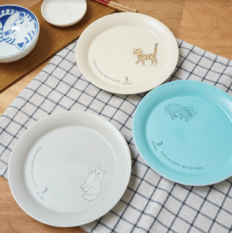 日本製貓咪盤子|藍色、奶油色、米灰色 - 富士通販