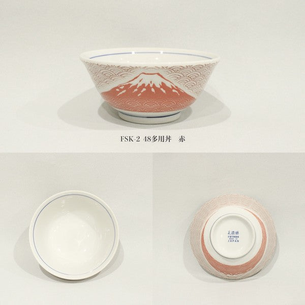 日本製 手繪和風質感 富士山青海波湯碗15cm 紅色/藍色｜陶瓷碗 丼飯碗 拉麵碗 碗公