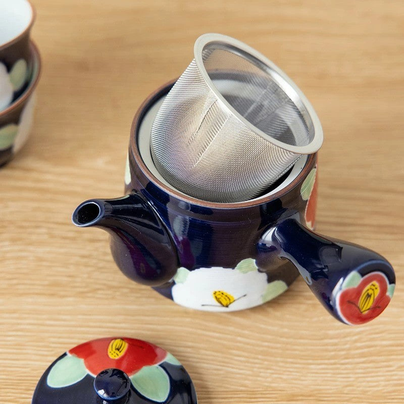 日本製 有田燒 手繪釉彩紅色椿花茶具3入組 側把茶壺 茶杯｜泡茶壺 陶瓷茶杯 入厝禮盒