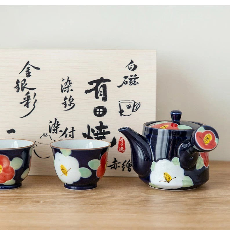 日本製 有田燒 手繪釉彩紅色椿花茶具3入組 側把茶壺 茶杯｜泡茶壺 陶瓷茶杯 入厝禮盒