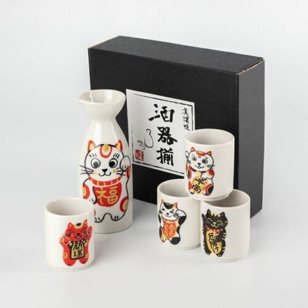 日本製 美濃燒 福樂招財貓酒器5件組 | 德利 清酒壺 清酒杯 杯壺組 陶瓷酒杯組 清酒杯壺組 新年送禮