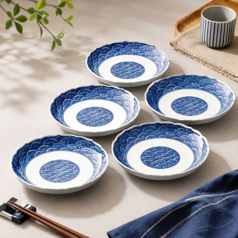 日本製 波佐見燒 日式和風青海波餐盤五入組｜16cm 餐盤組 入厝賀禮