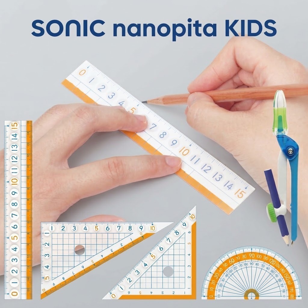 SONIC nanopita 超大字止滑尺圓規5件組 | 直尺 量角器 三角板 圓規 日本文具 上學開學