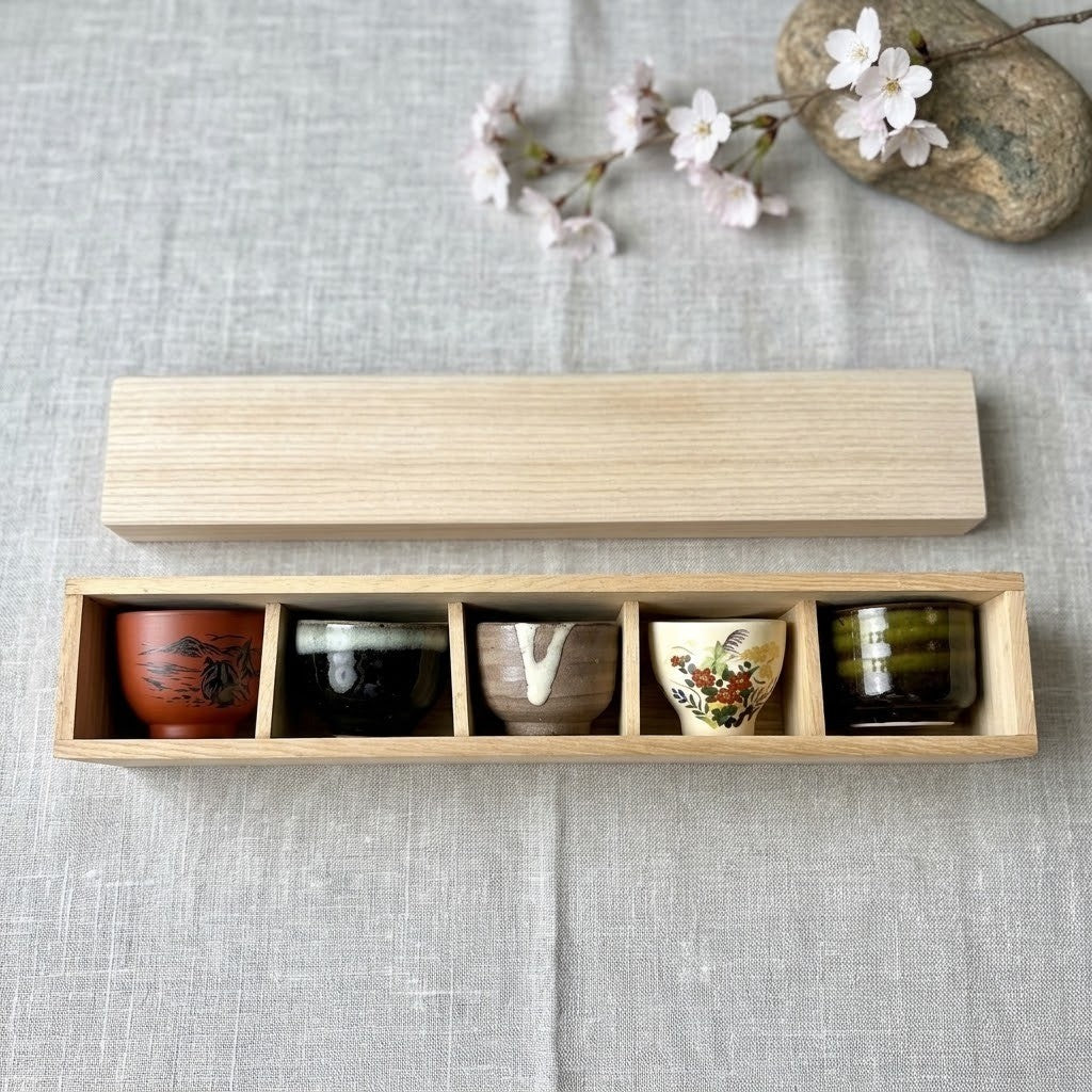 日本製 美濃燒 六古窯風格 清酒杯6件組 木箱入｜日系質感清酒杯組 陶器酒杯 日本酒杯 清酒壺 禮盒組