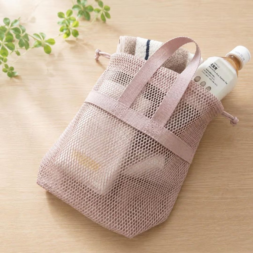 日本 無印良品 立體網狀抽繩包M 黑色 綠色 粉色｜網袋收納包 旅行收納袋 盥洗包