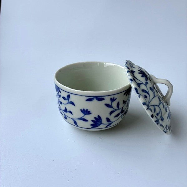 日本製 美濃燒 青花唐草紋 附蓋 茶碗蒸杯｜日常餐桌陶瓷蒸碗 茶碗蒸杯 附蓋餐碗 蒸蛋碗 陶瓷碗